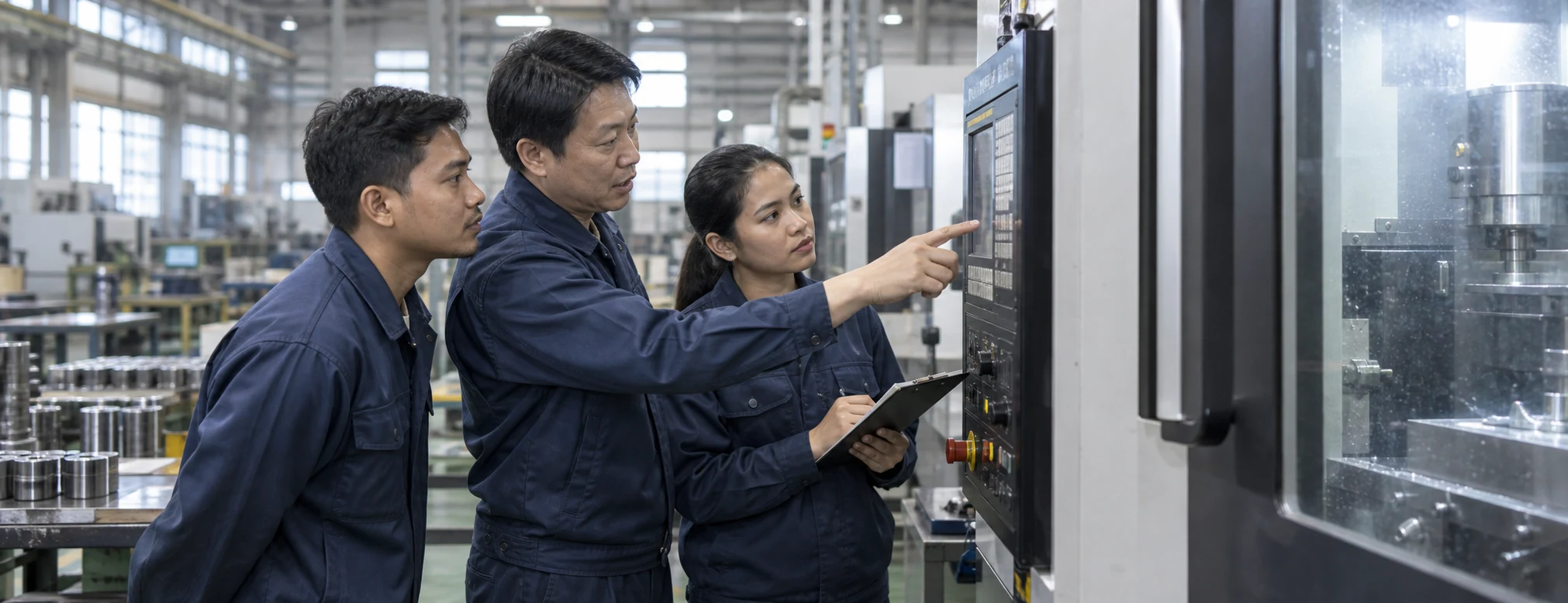 製造現場で機械の操作を確認するスタッフ（イメージ）